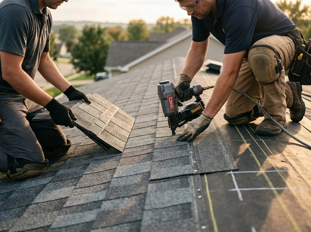 Professional roofer working on a residential roof in Lawrenceburg